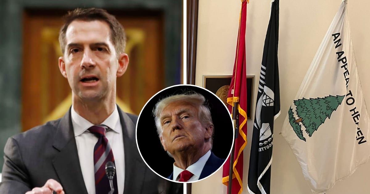 Sen Tom Cotton, a potential VP pick of Donald Trump, hung the 'Appeal to Heaven' flag in front of his office (Getty Images, @SenTomCotton/X)