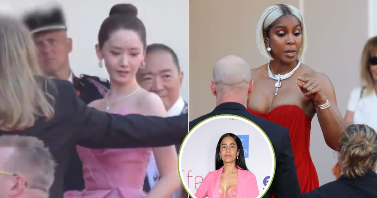 Yoona was stopped by the same security personnel on the steps of the Cannes on May 19 after Kelly Rowland (R) and Massiel Taveras were also prevented from posing there (@viralthings/X and Getty Images)