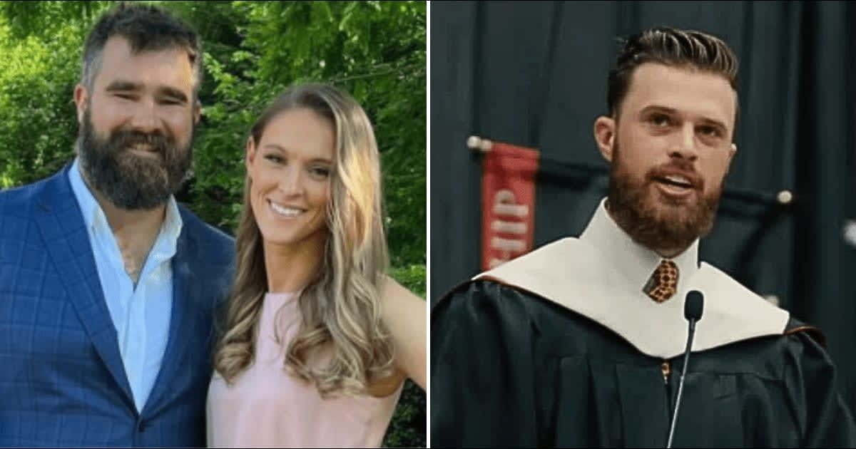 Jason Kelce defended his homemaker wife Kylie amid Harrison Butker's controversial speech (@kyliekelce/Instagram, Bendedictine College/YouTube)