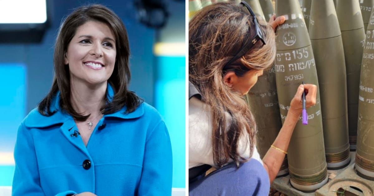 In a controversial moment, Nikki Haley signed a bomb meant to be dropped on Gaza with the message 'finish them!' (Getty Images and Noa Magid/X)
