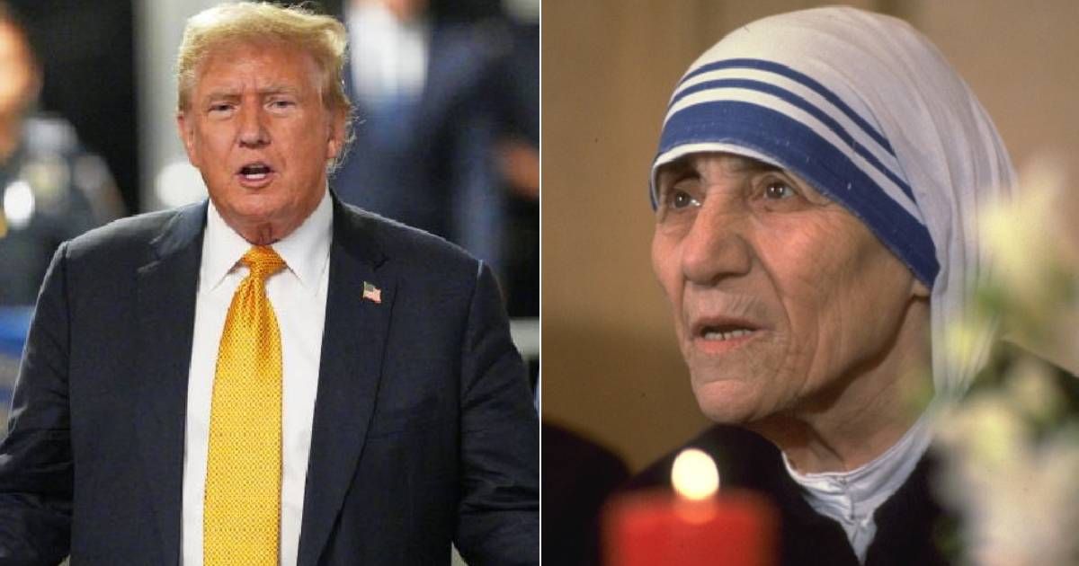 Donald Trump speaks to the media comparing himself to Mother Teresa as the jury ends its first day of deliberations in his hush money trial at Manhattan Criminal Court (Getty Images)