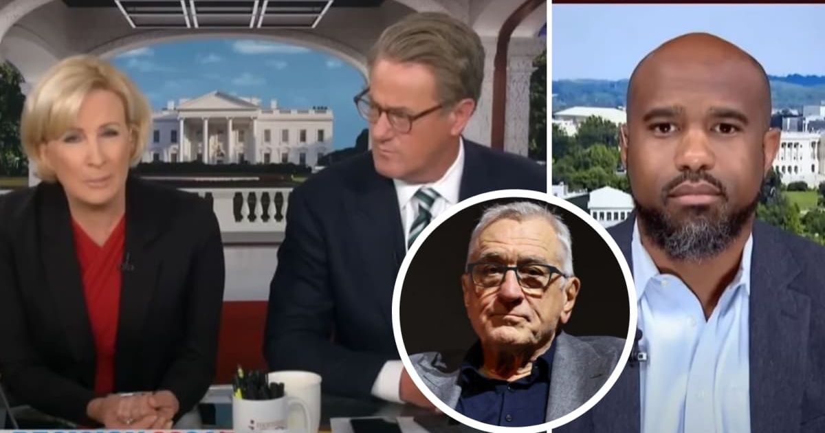 MSNBC's Mika Brzezinski questioned Biden campaign communications director Michael Tyler on their decision to hold a press conference, featuring Robert De Niro, outside the courthouse where the hush money trial was underway (MSNBC, Getty Images)
