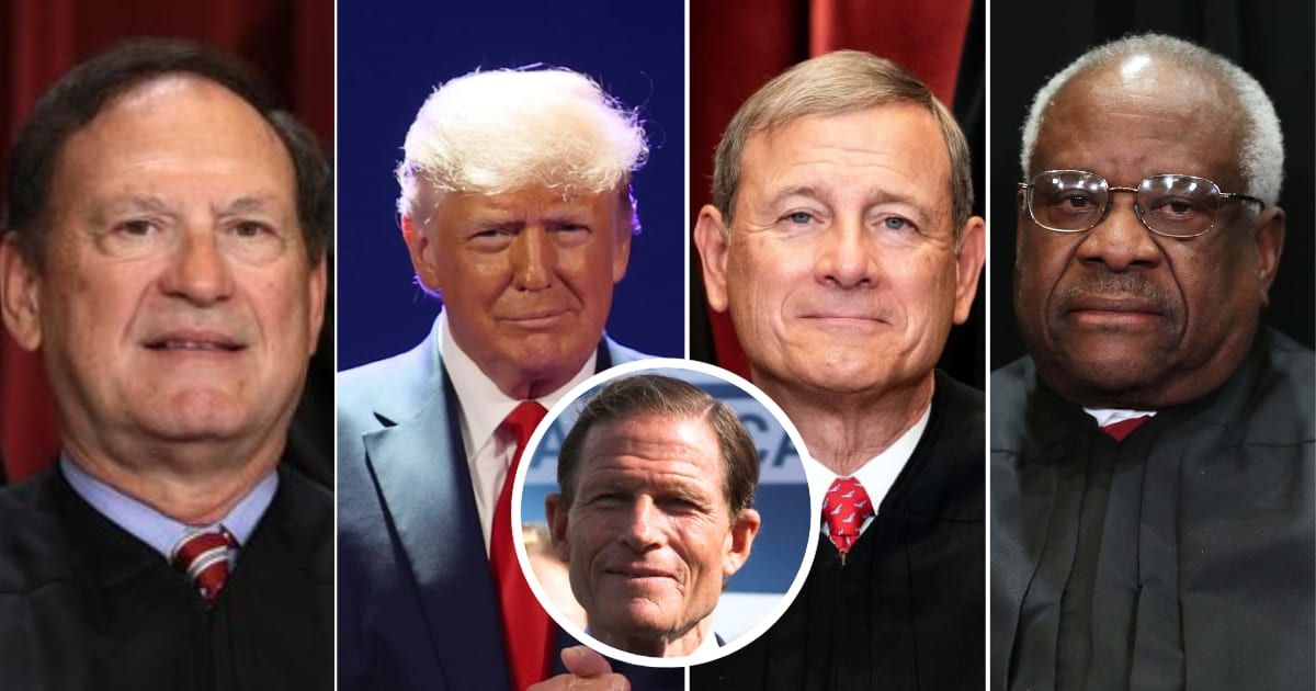 Richard Blumenthal (Inset) has written to Chief Justice John Roberts to convince Justices Samuel Alito (L) and Clarence Thomas (R) to rescue from Donald Trump-related cases (Getty Images)