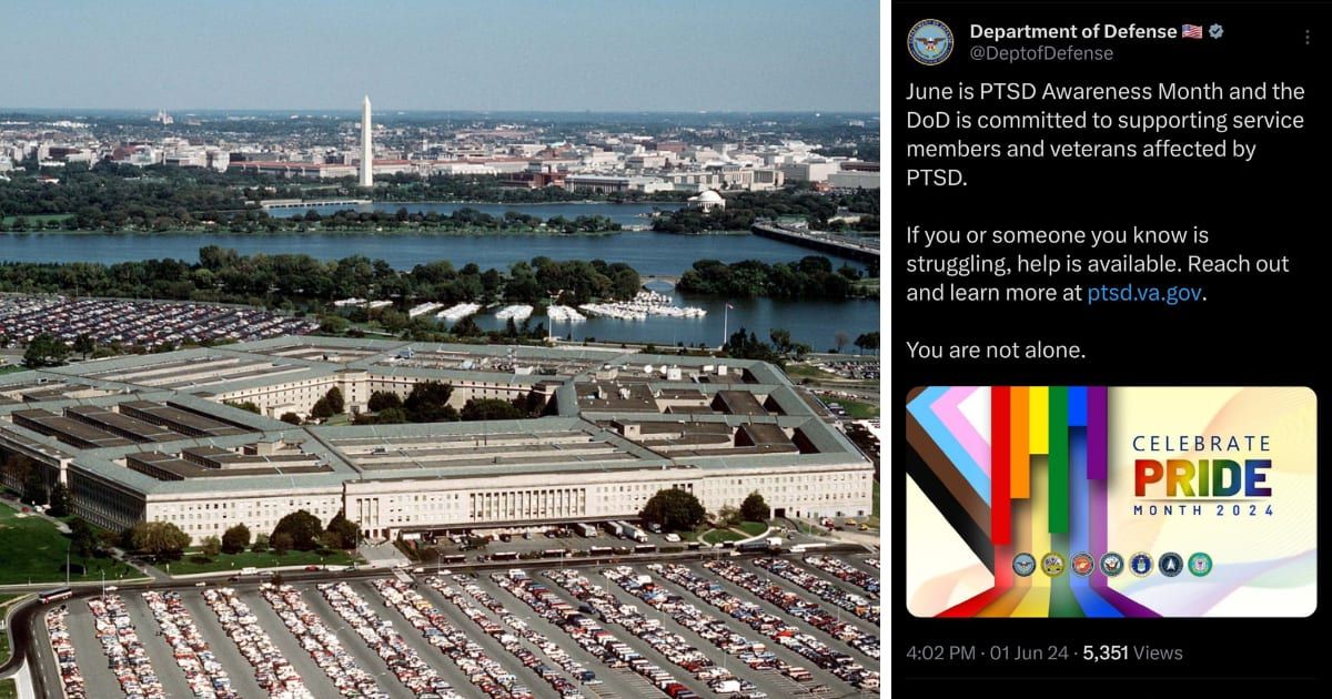 The Department of Defense, which is headquartered at the Pentagon, inadvertently promoted Pride Month in a post intended for PTSD awareness (Getty Images and DeptofDefense/X)