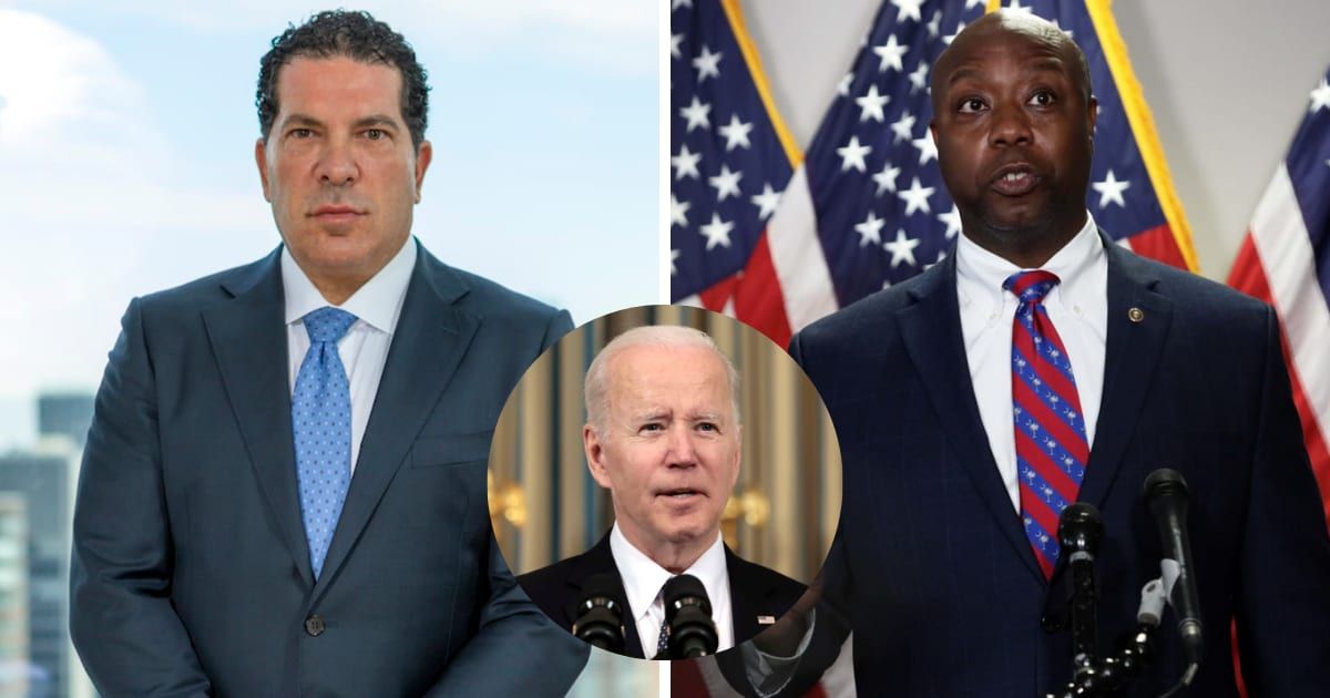 Joe Tacopina criticized Sen Tim Scott's claim that President Joe Biden brought the hush money case against his political rival (tacopinalaw.com, Getty Images)