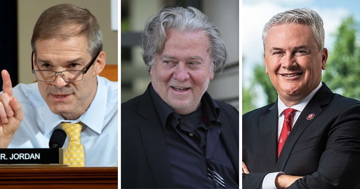 Steve Bannon (C) called out House Judiciary Committee chair Jim Jordan of Ohio (L) and House Oversight Committee chair James Comer of Kentucky (Getty Images, United States House of Representatives)