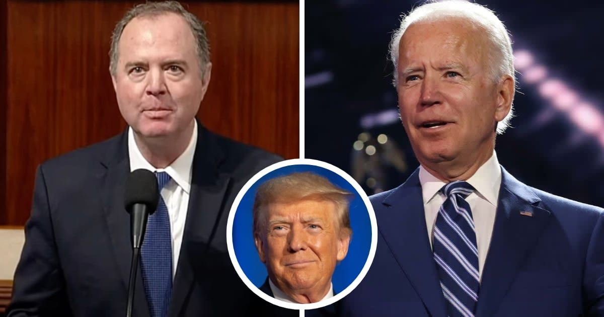 Adam Schiff suggested that Joe Biden should not shy away from highlighting Trump’s extensive legal troubles (Adam Schiff/YouTube, Getty Images)