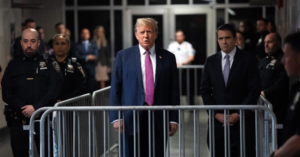 Donald Trump speaks to the media at the end of the day during his criminal trial at Manhattan Criminal Court on April 19, 2024, in New York City (Getty Images)