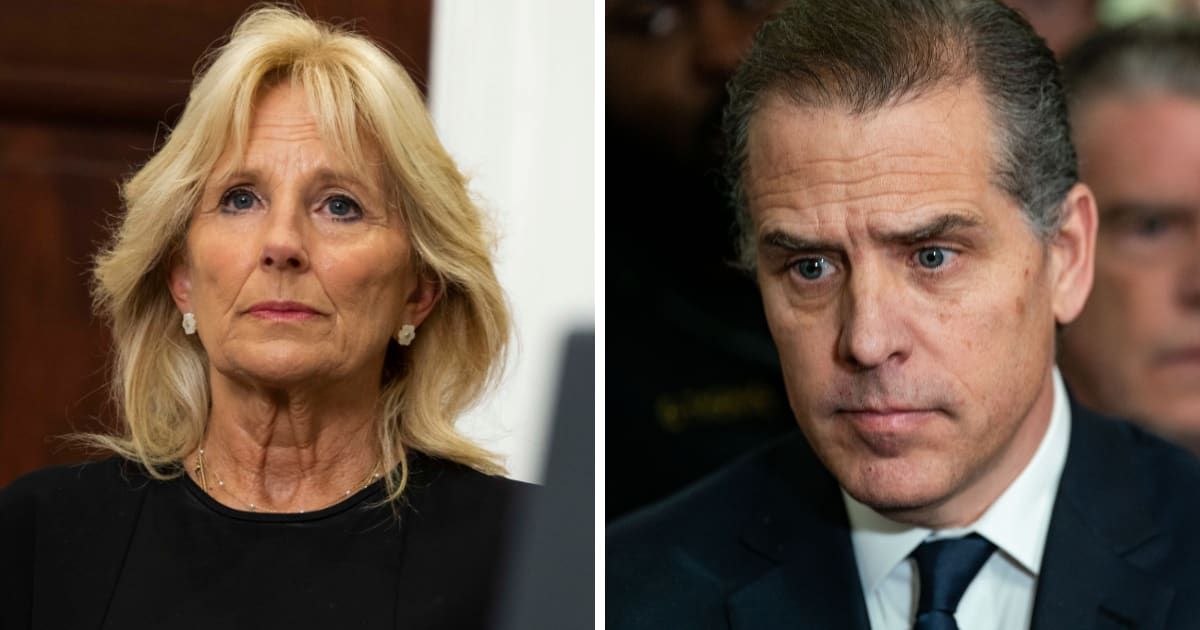 Jill Biden and her stepson Hunter Biden shared a light moment inside the federal gun case courtroom on the first lady's 73rd birthday (Getty Images)