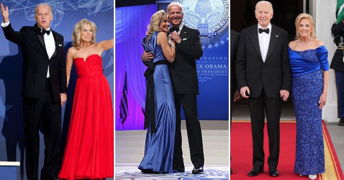 Jill Biden accompanied her husband President Joe Biden clad in dresses by renowned designers for prominent White House events in 2009, 2013, and 2024 (Brendan Hoffman, Chip Somodevilla, Andrew Harnik/Getty Images)