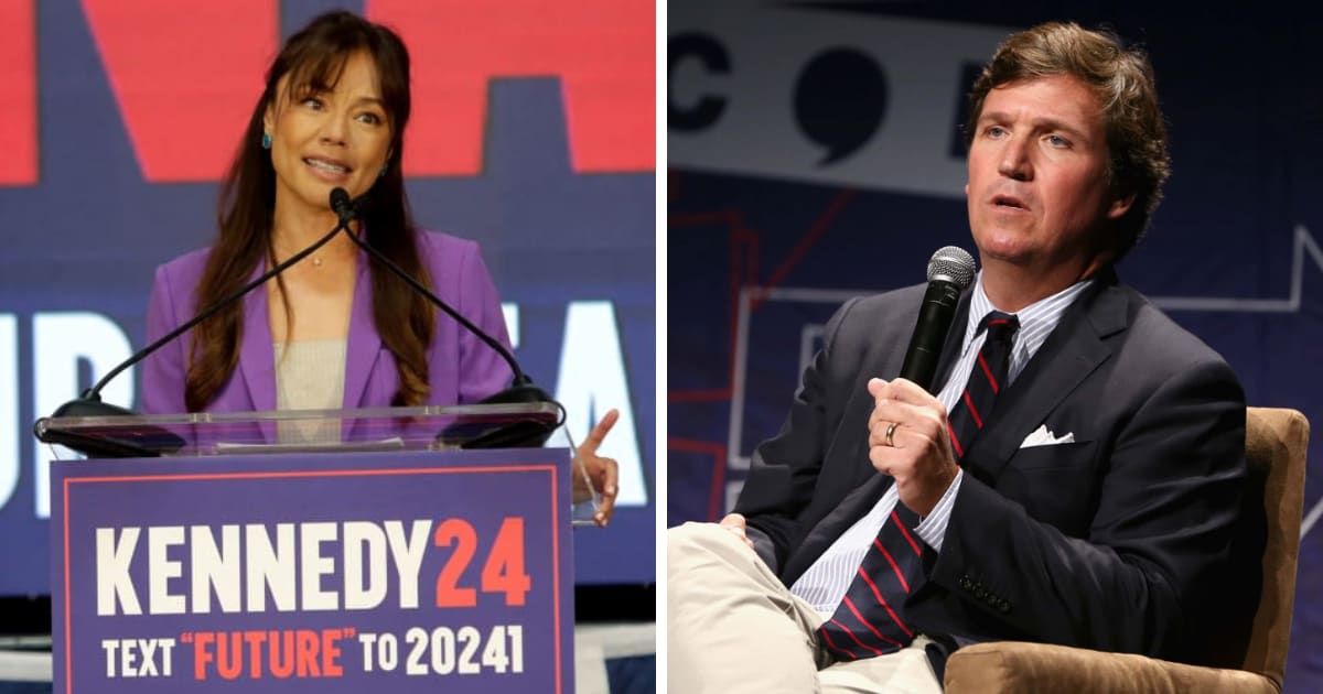 (L-R) In a candid statement during a recent campaign event, Shanahan boasted about being 'on the same page in every single way' with Carlson (Getty Images)