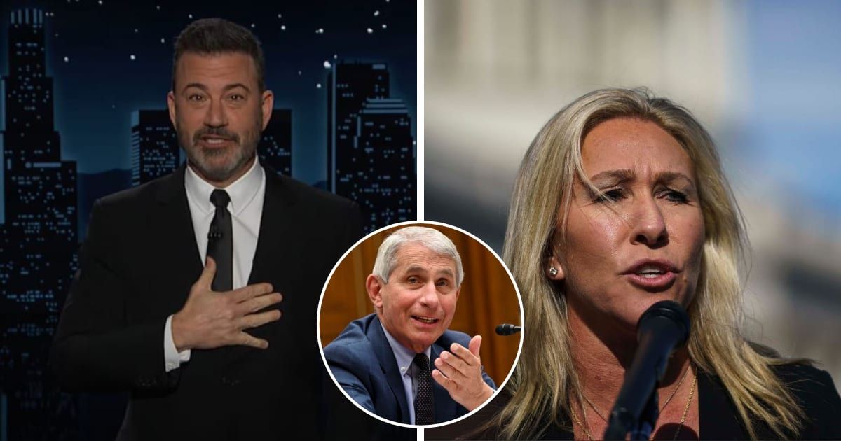 Jimmy Kimmel called out Marjorie Taylor Greene's recent tirade against Dr Anthony Fauci during the House subcommittee hearing (Jimmy Kimmel Live, Getty Images)