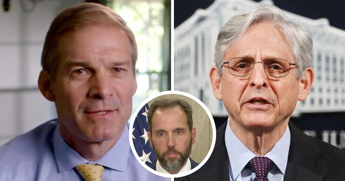 Jim Jordan (L) was relentless, dismissing Merrick Garland's (R) responses as evasive and accusing Jack Smith's (M) team of bungling the investigation (Getty Images, Justice Department/YouTube)