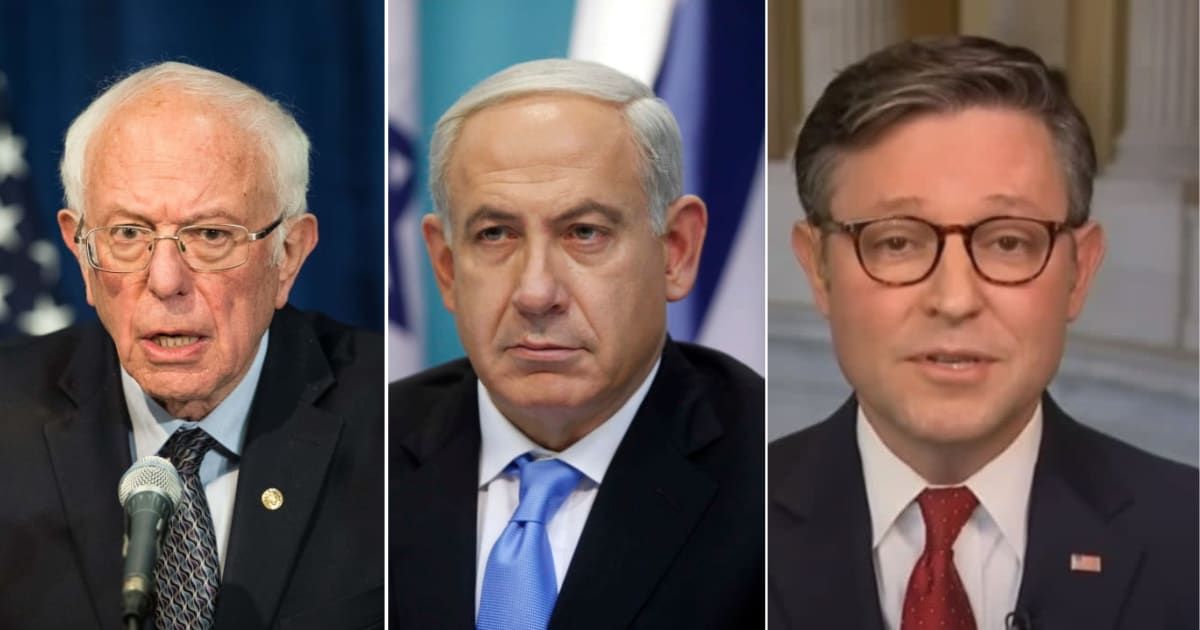 Bernie Sanders slammed MIke Johnson for accusing him of supporting 'terrorism' by criticizing Benjamin Netanyahu's Palestine policy (Getty Images, Mike Johnson, Fox News/ YouTube)