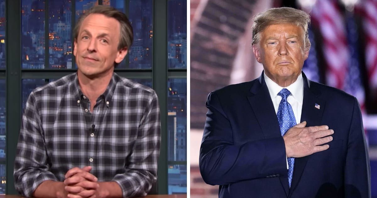 Seth Meyers made light of a new poll in which 34% of Republican voters said they are more likely to vote for Donald Trump in the 2024 election (LateNightSeth/Youtube; Getty Images)