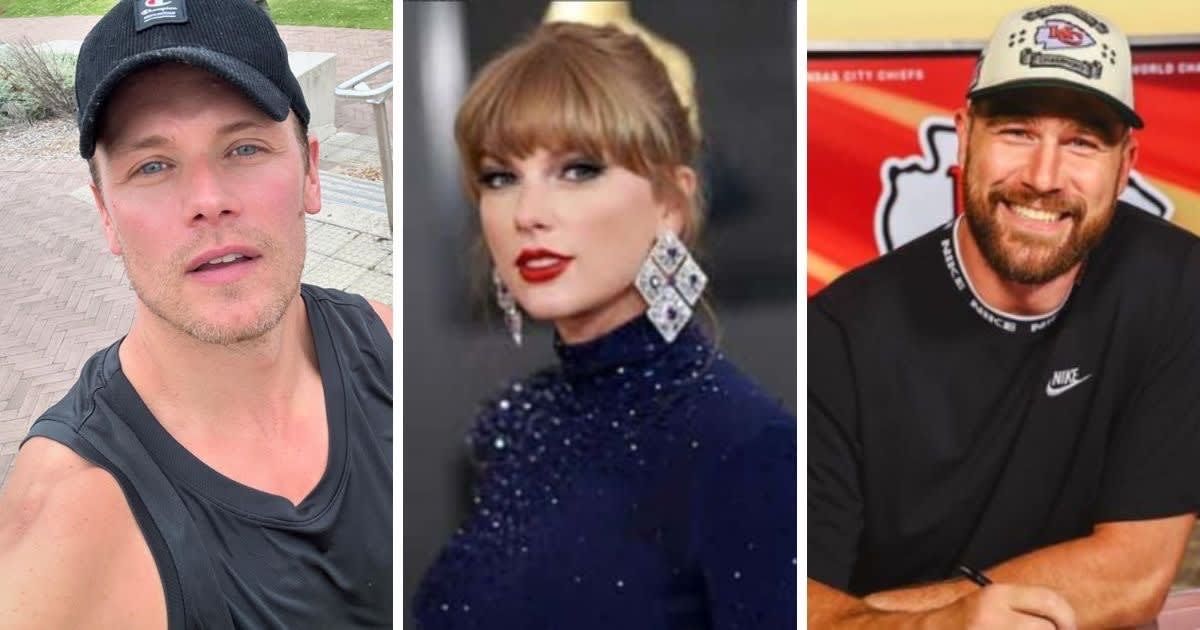  Sam Heughan joked about stealing Taylor Swift from Travis Kelce (@samheughan/Instagram, Getty Images, @NewHeightspodcast/Instagram)