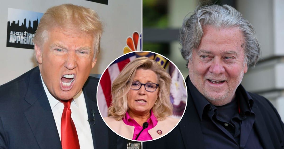 Donald Trump lashed out at former representative Liz Cheney (inset) after his former White House advisor Steve Bannon was ordered to report to prison (Getty Images)