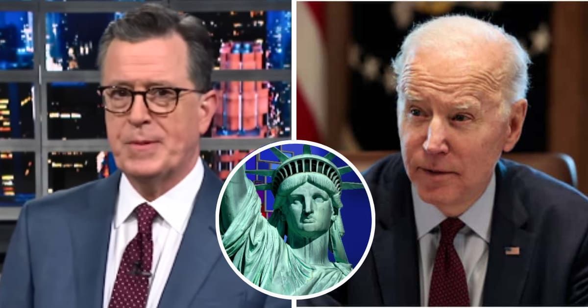 Talk show host Stephen Colbert parodied the poem on the Statue of Liberty to mock Joe Biden's policy shift on immigration (ColbertLateShow/Youtube, Getty Images)