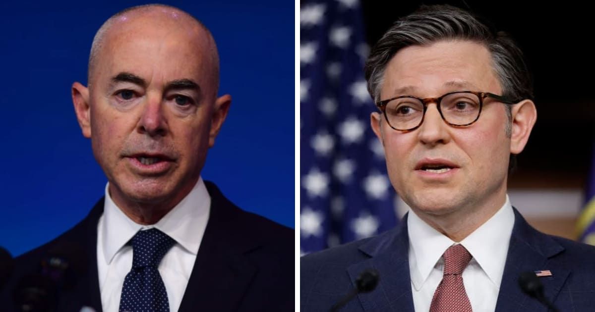 Alejandro Mayorkas fired back at Speaker Mike Johnson's criticism of the executive order on asylum-seekers at the southern border (Getty Images)