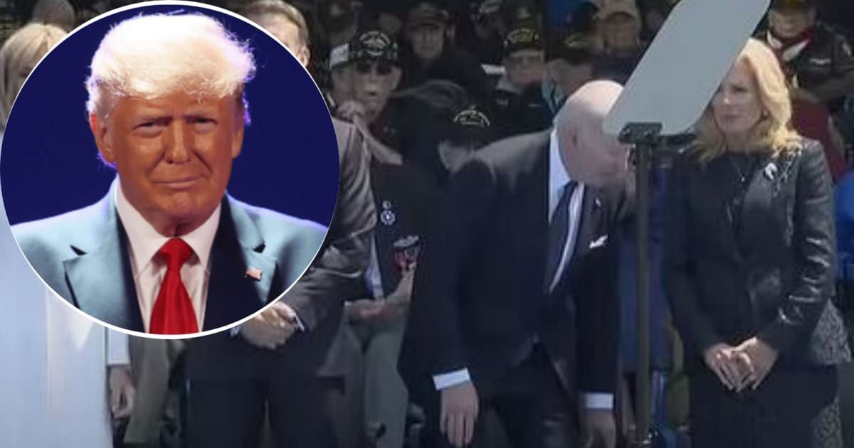 Donald Trump reveals what he thinks happened when Joe Biden bizarrely bent down during his speech in France (Getty Images/X)