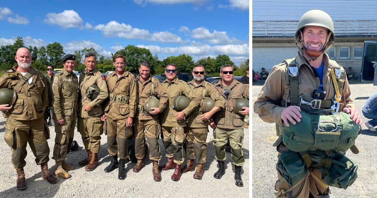 GOP Reps Mike Waltz, Derrick Van Orden, Keith Self, Darrell Issa, Rich McCormick, Ronny Jackson, Cory Mills, Mark Green, and Democratic Rep Jason Crow re-created the D-Day jumping (@michaelgwaltz, @RepJasonCrow/ X)