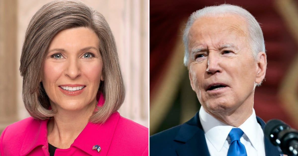 Iowa Senator Joni Ernst was caught on a hot mic mocking President Joe Biden's cannibal story about his late uncle (Getty Images and US Senate)