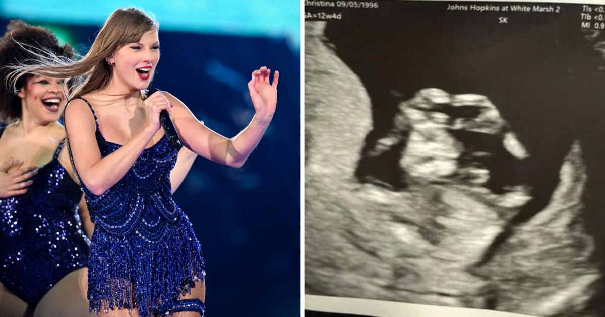 A fan of Taylor Swift shared a snap of her baby making the singer's 'fearless heart' gesture (Gareth Cattermole/TAS24/Getty Images for TAS Rights Management, Marie Smith/Facebook)