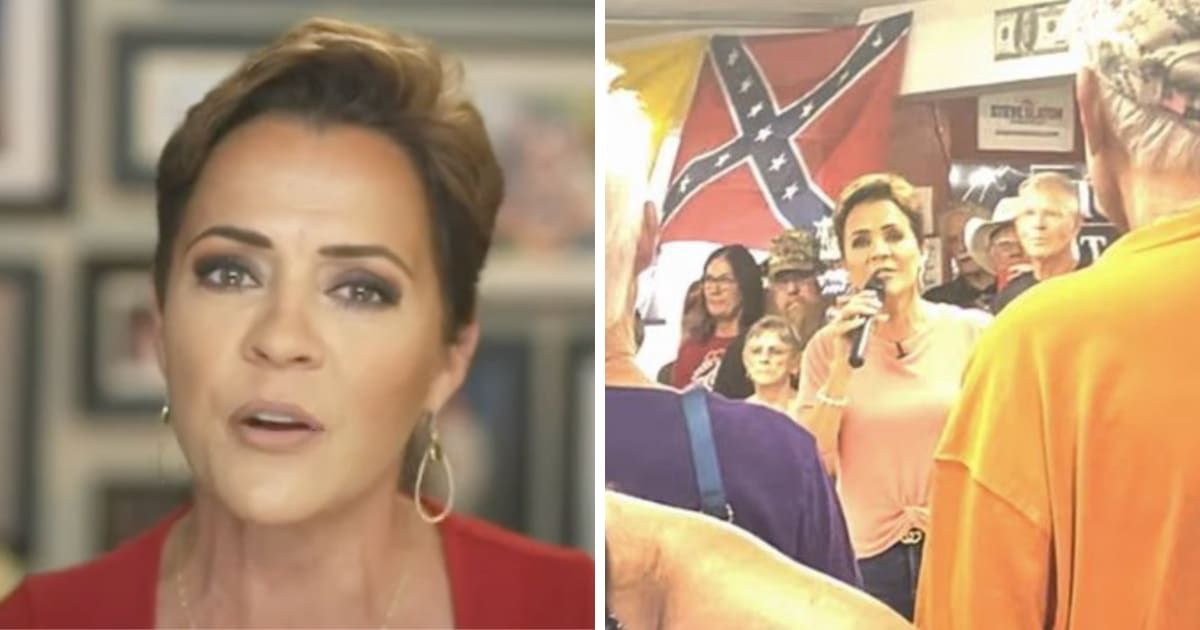 Kari Lake addressed a crowd at the Trumped Store, a shop known for its pro-Trump and election-denier merchandise, with a Confederate flag displayed behind her (Newsmax/YouTube, Alex Cole/X)