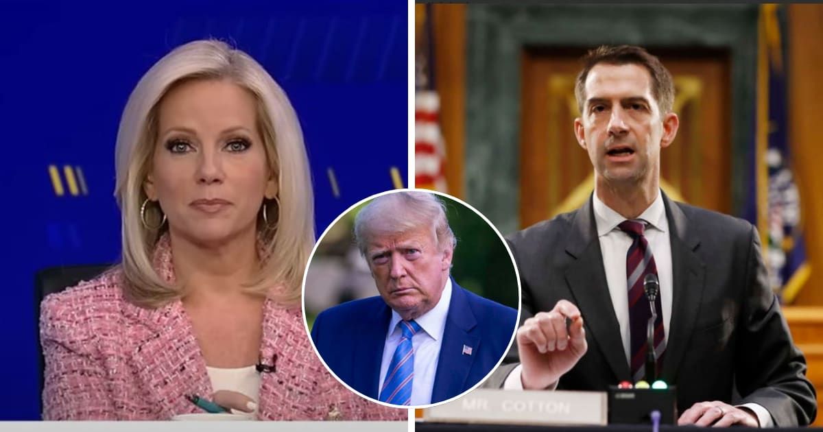 Shannon Bream interviewed Republican Senator Tom Cotton regarding former president Donald Trump's Ukraine strategy if he gets reelected (Fox News/YouTube and Getty Images)