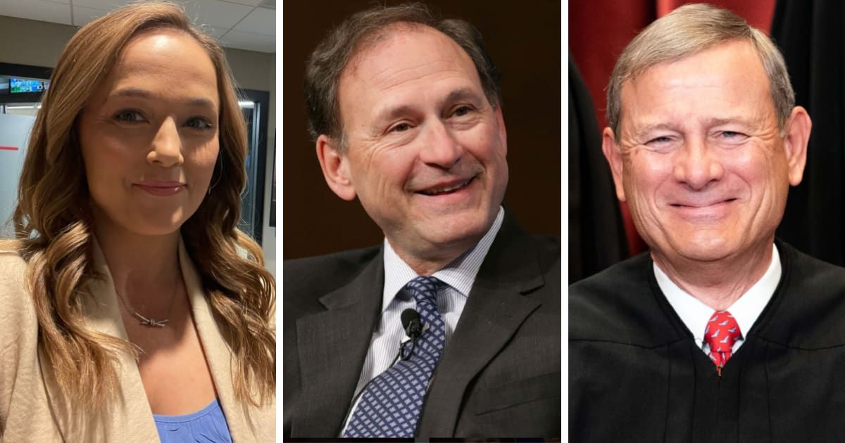 Filmmaker Lauren Windsor purchased a $500 ticket, under her own name, to go to the function and address Justices Samuel Alito and John Roberts (R) (X/@lawindsor, Getty Images)