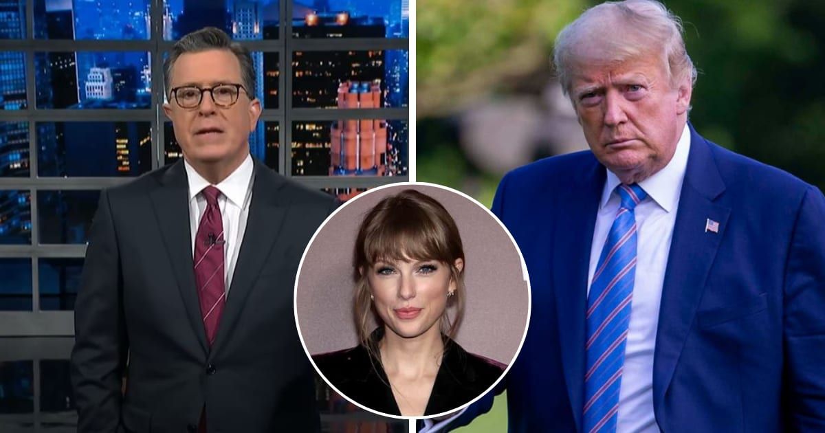 Stephen Colbert hilariously scrutinized Donald Trump's peculiar complaint about Taylor Swift's politics (The Late Show with Stephen Colbert, Getty Images)