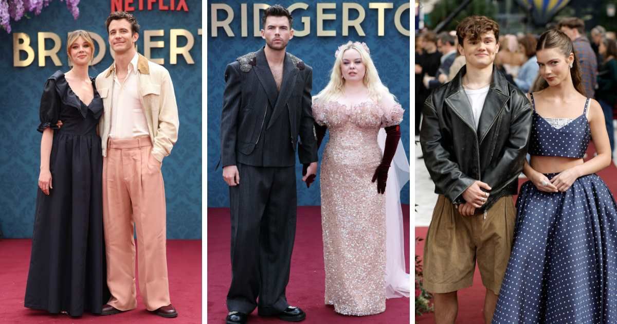 Claudia Jessie and Luke Thompson, Luke Newton and Nicola Coughlan, and Will Tilston and Florence Hunt attend the 'Bridgerton' Season 3 Part 2 premiere in London (Neil Mockford/WireImage, Lia Toby/Getty Images, and John Phillips/Getty Images)