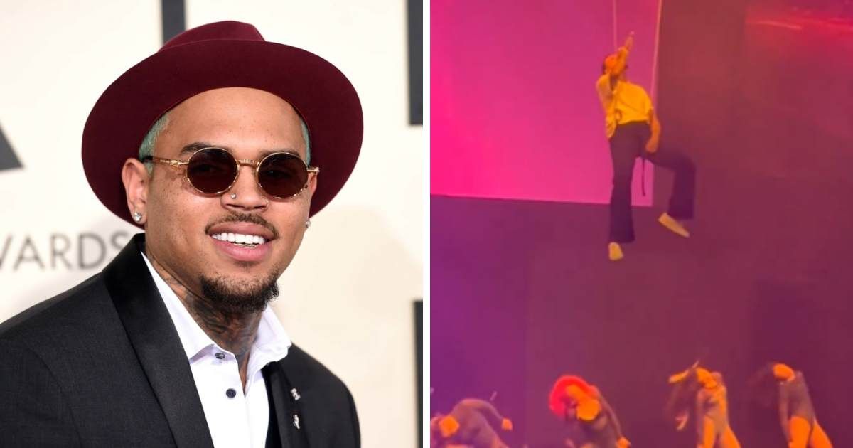 Chris Brown was performing at a New Jersey concert when a wire glitch left him hanging in the air (Getty Images, @THR/X)