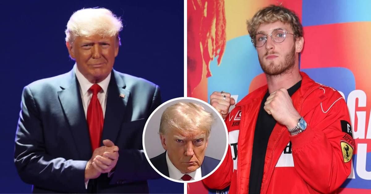 Donald Trump gave influencer and professional wrestler Logan Paul a T-shirt featuring his 2023 mugshot (Getty Images, Fulton County Sheriff's Office/Atlanta Police) 