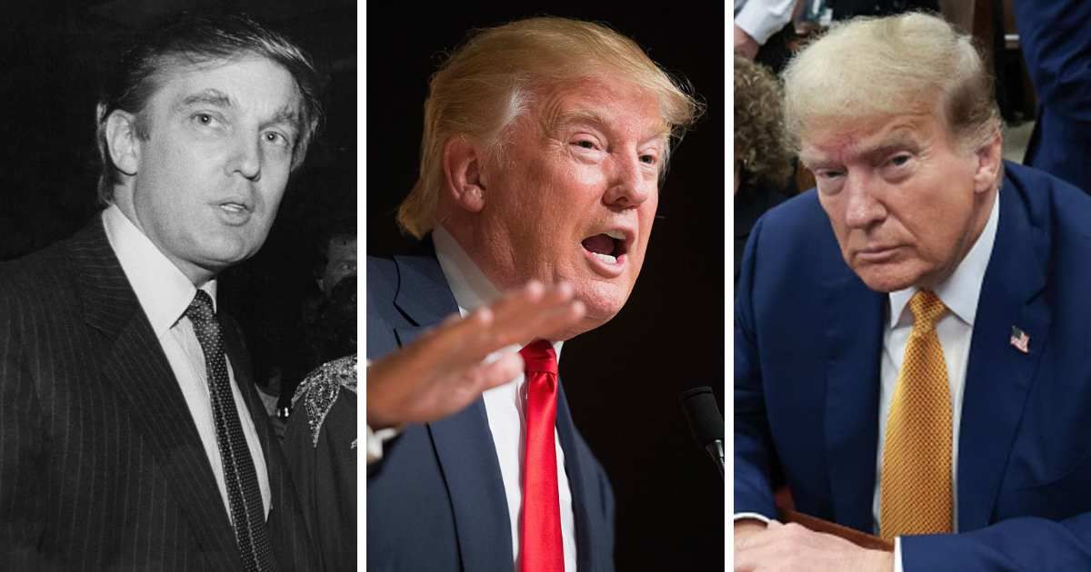 Donald Trump has sported different hairstyles and hair colors in 1986, 2015, and 2024 (Tom Gates/Pictorial Parade/Archive Photos, Scott Olson, Win McNamee/Getty Images)