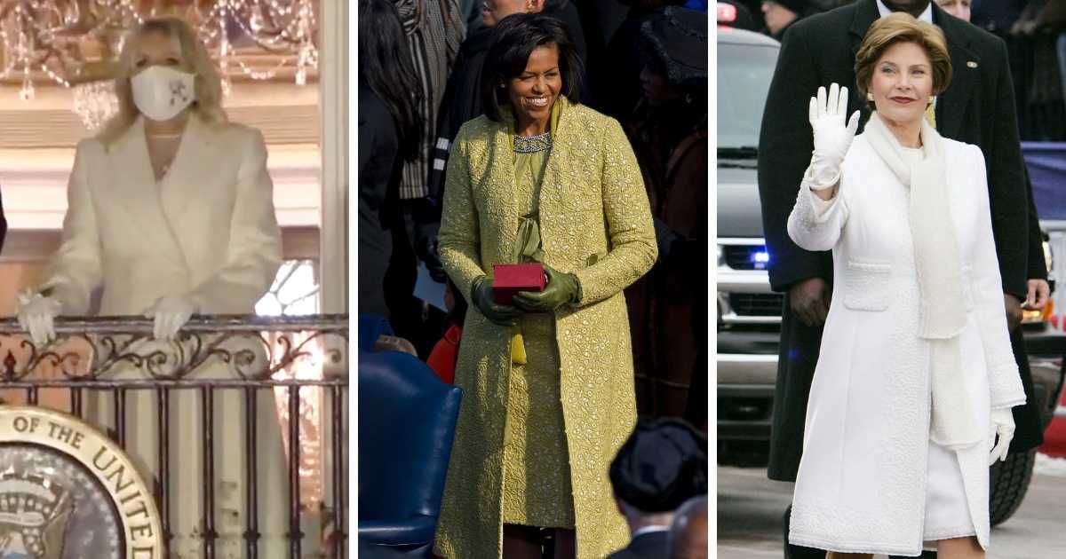 Jill Biden in 2021, Michelle Obama in 2009, and Laura Bush in 2005 greeted the US citizens in elegant fashion choices (Handout/Biden Inaugural Committee, Ralf-Finn Hestoft/Corbis, Win McNamee/Getty Images)