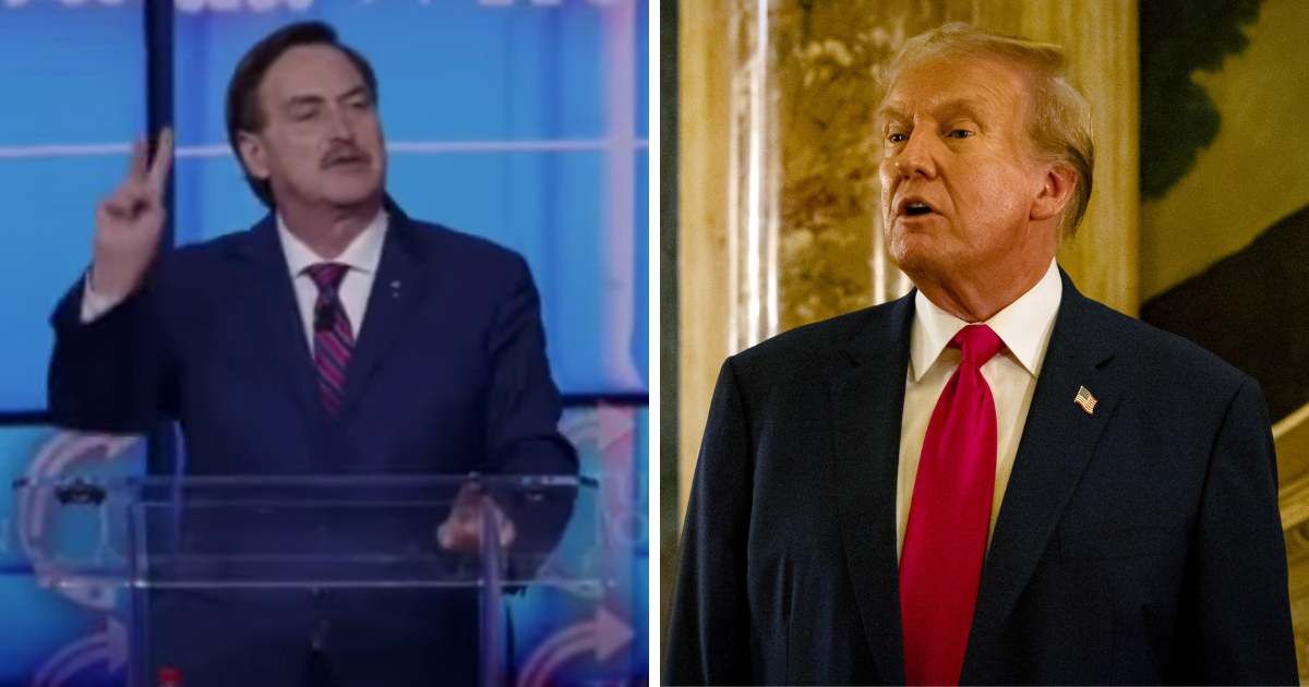 Mike Lindell outlines his strategy to assist Donald Trump in winning the November election (YouTube/ Raw Story and Eva Marie Uzcategui/Getty Images)