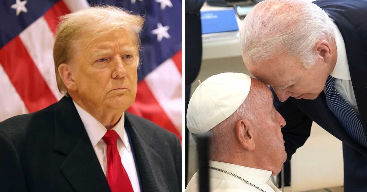 (L-R) On Truth Social, Trump alleged that Pope Francis was 'freaking out' during his recent meeting with Biden. (Getty Images)