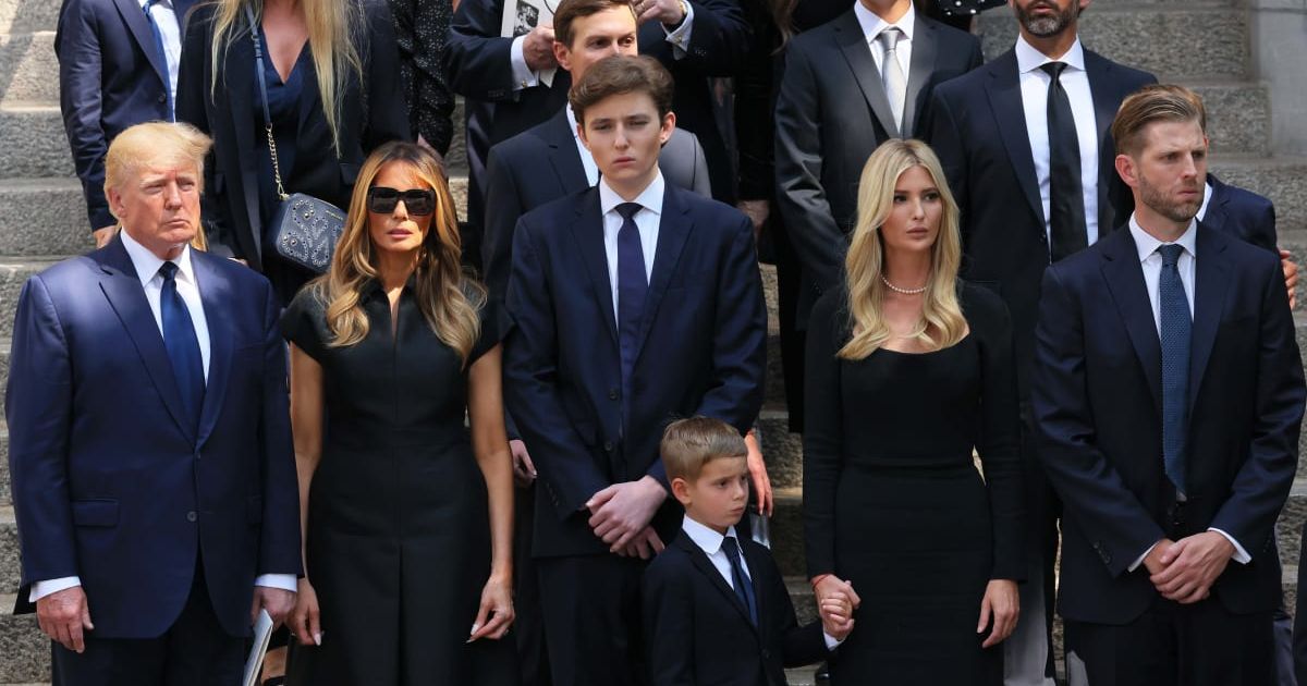 Former US President Donald Trump and his wife Melania Trump along with their son Barron Trump and Ivanka Trump, Eric Trump, and Donald Trump Jr at Ivana Trump's funeral in Bedminster, New Jersey, on July 20, 2022 (Getty Images)