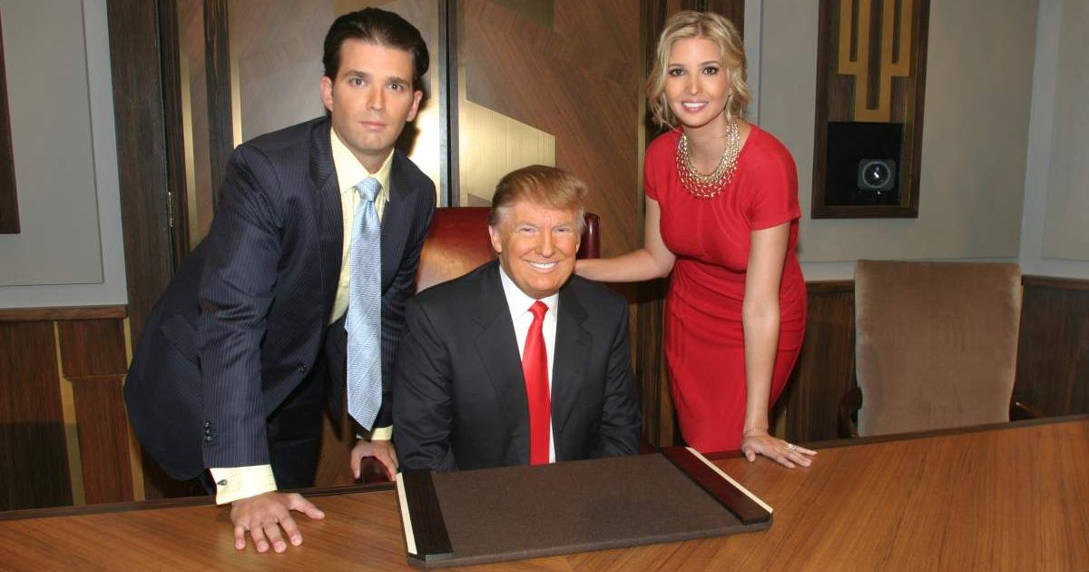Donald Trump Jr, Donald Trump, and Ivanka Trump during the filming of the live final TV episode of 'The Celebrity Apprentice' on May 16, 2010 in New York City (Bill Tompkins/Getty Images)