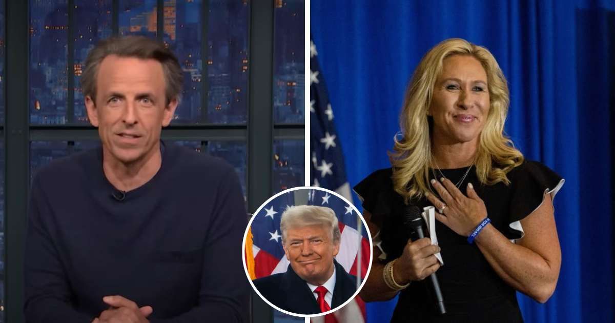 Seth Meyers never misses an opportunity to take jabs at Marjorie Taylor Greene, a staunch supporter of Donald Trump (Late Night With Seth Meyers/YouTube, Getty images)
