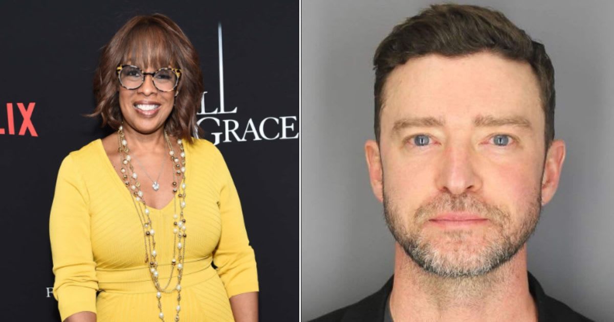 Gayle King has come to the defense of Justin Timberlake following his recent DWI-related arrest(Getty Images) (Justin Timberlake mugshot (Sag Harbor PD)