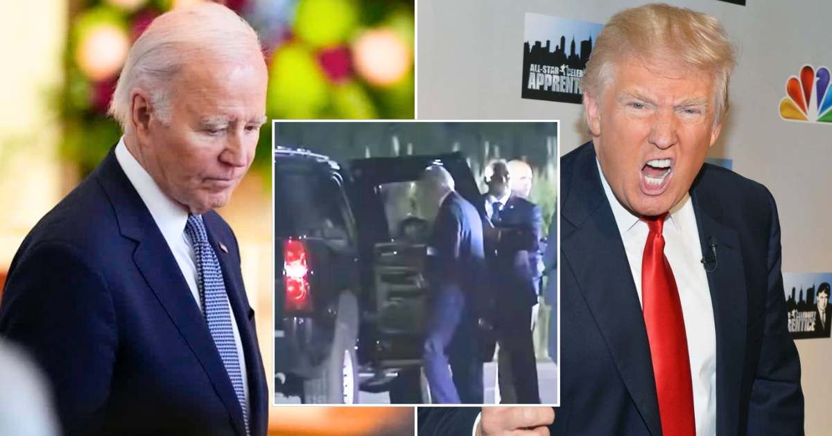 A video showing President Joe Biden struggling to climb into an SUV is making waves in the lead-up to his election rematch with Donald Trump (Getty Images and X/@TrumpWarRoom)