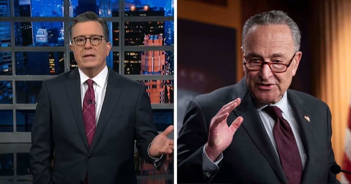 Stephen Colbert humorously critiqued Senate Majority Leader Chuck Schumer's recent social media gaffe (Late Show with Stephen  Colbert/Getty Images)