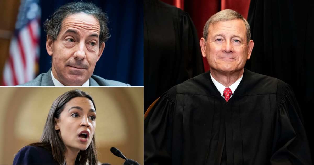 House Democrats Jamie Raskin (Left) and Alexandria Ocasio-Cortez (Left-Top) are pushing Chief Justice John Roberts to investigate Supreme Court ethics issues (Getty Images)