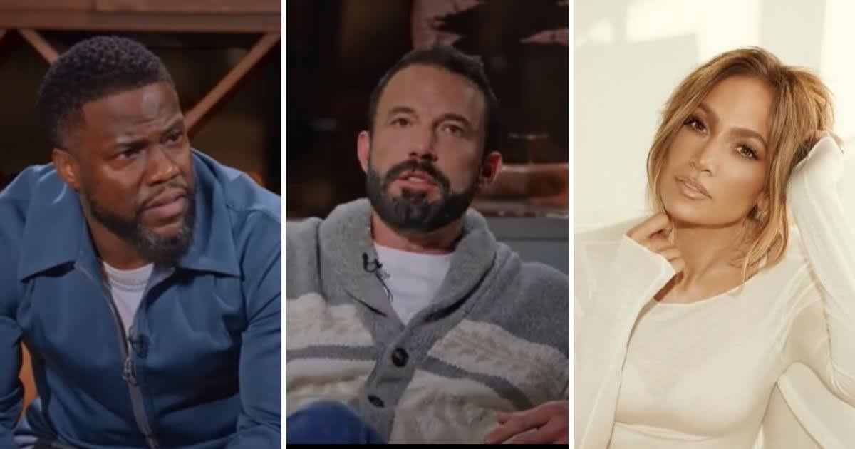 Ben Affleck discussed his ‘resting b****h face’ in photos and his relationship with Jennifer Lopez on Kevin Hart's talk show (peacock/YouTube, Getty Images)