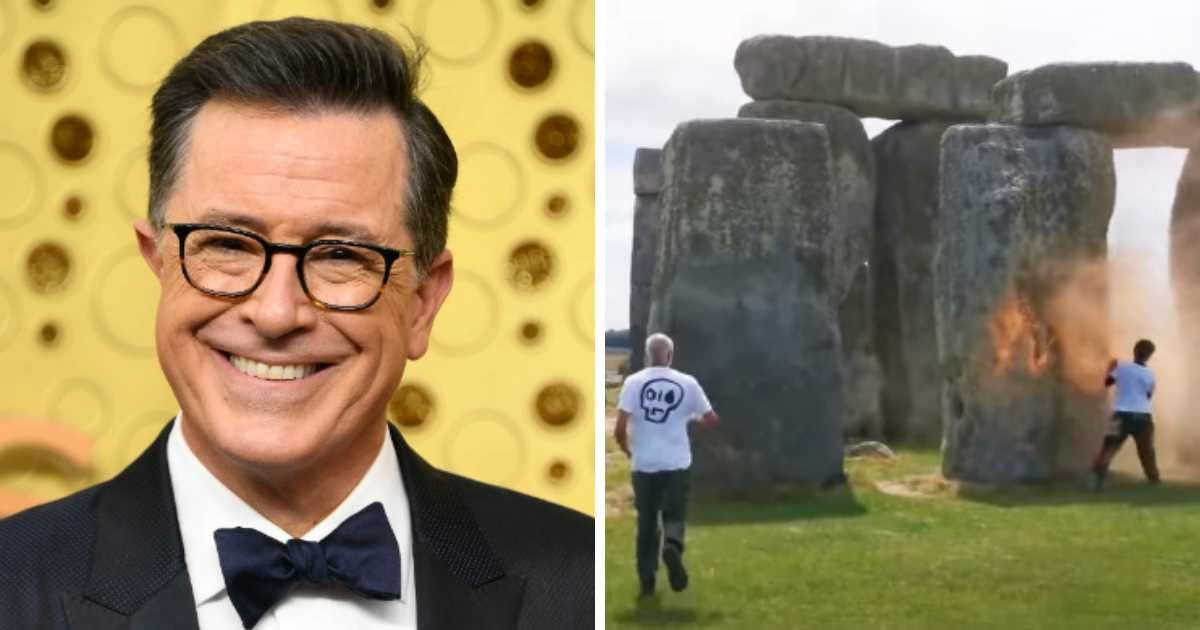 Stephen Colbert said he supports climate action after climate activists spray painted Stonehenge (Getty Images, Screengrab/ABC News)