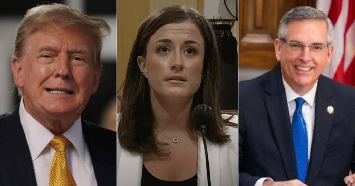 Donald Trump shared articles about Cassidy Hutchinson and Brad Raffensperger on Truth Social (Getty Images, Screenshot/FOX 5 Atlanta, Brad Raffensperger/X)
