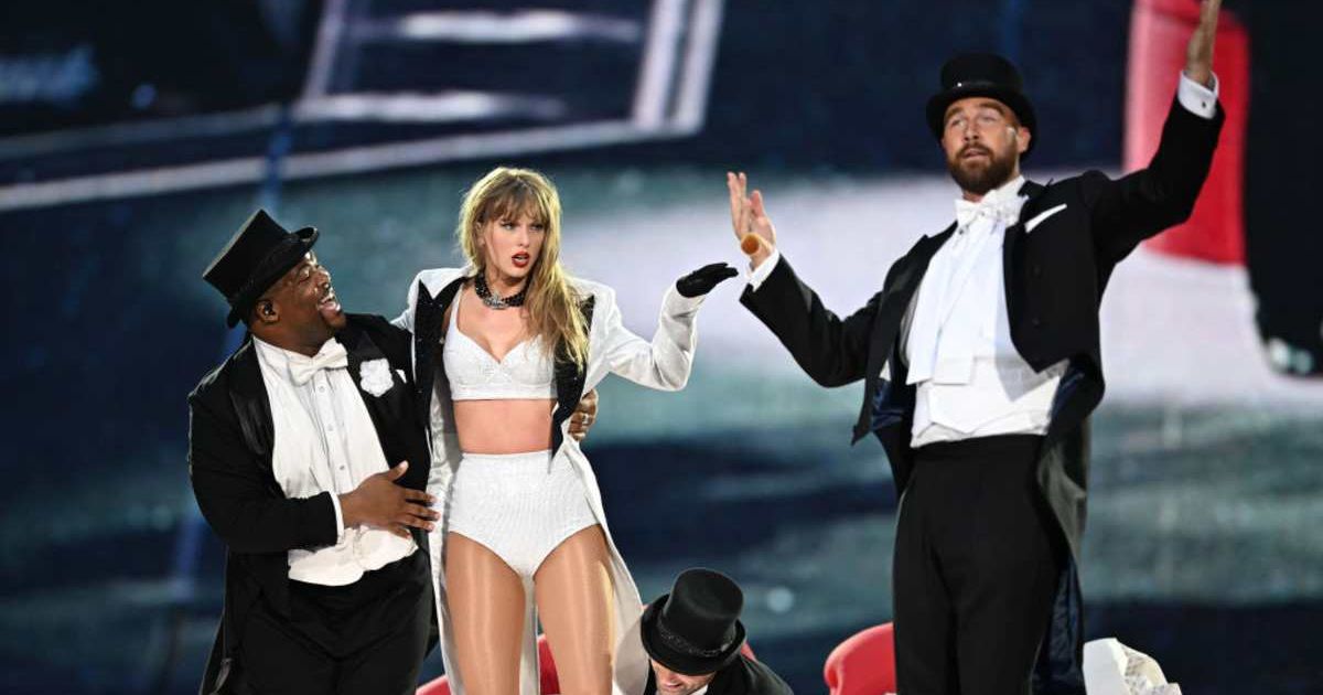 Taylor Swift is joined on stage by Travis Kelce during 'The Eras Tour' at Wembley Stadium on June 23, 2024, in London, England (Gareth Cattermole/TAS24/Getty Images for TAS Rights Management )