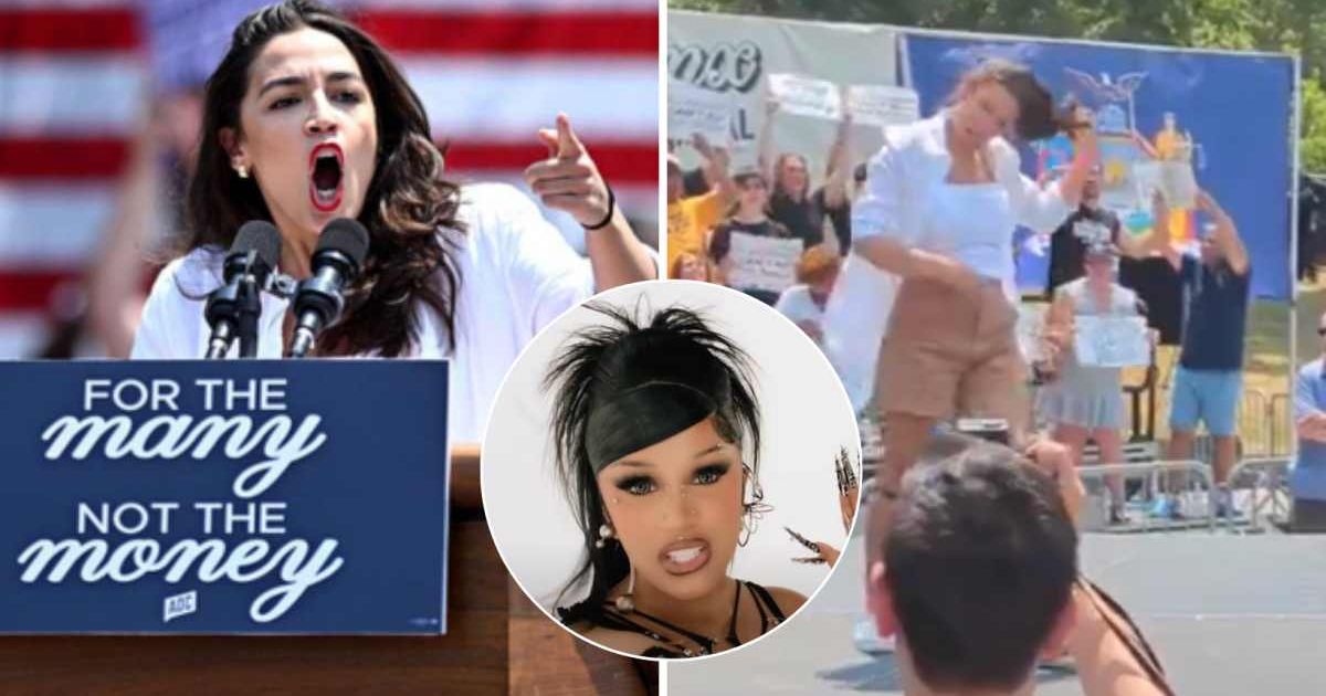 Alexandria Ocasio-Cortez danced during rally for Jamaal Bowman at St Mary's Park on June 22, 2024 in Bronx (Getty Images, @CollinRugg/X, Cardi B YouTube)